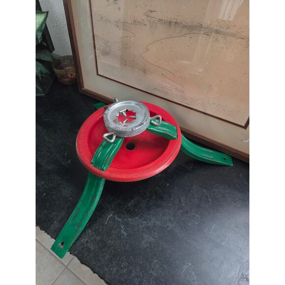 Vintage 1940s Metal Christmas Tree Stand Red & Green Adjustable Mid Century - Picture 6 of 8